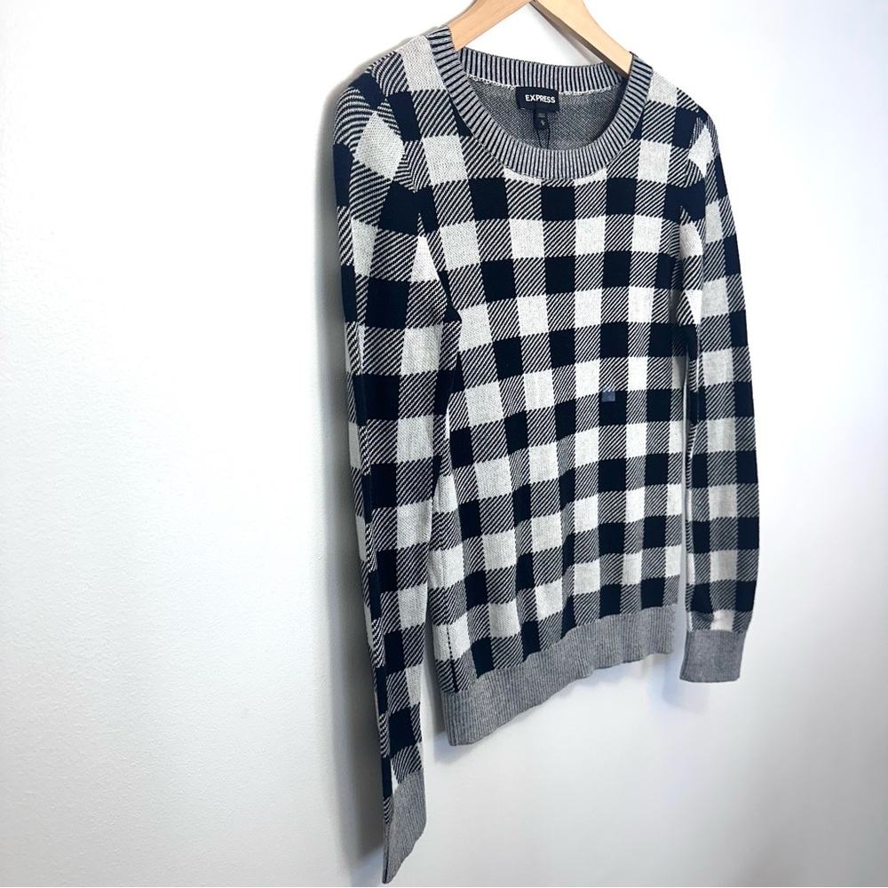 Express Sweater Medium Black White Checkered Crewneck Pullover 100% Cotton NWT - Picture 2 of 15